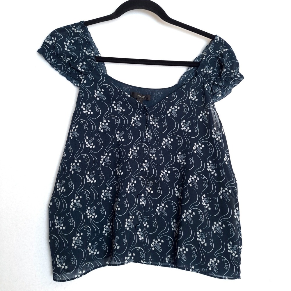 J Crew Blouse Womens S Navy Square Neck Flutter Sleeve Floral‎ Print Lightweight